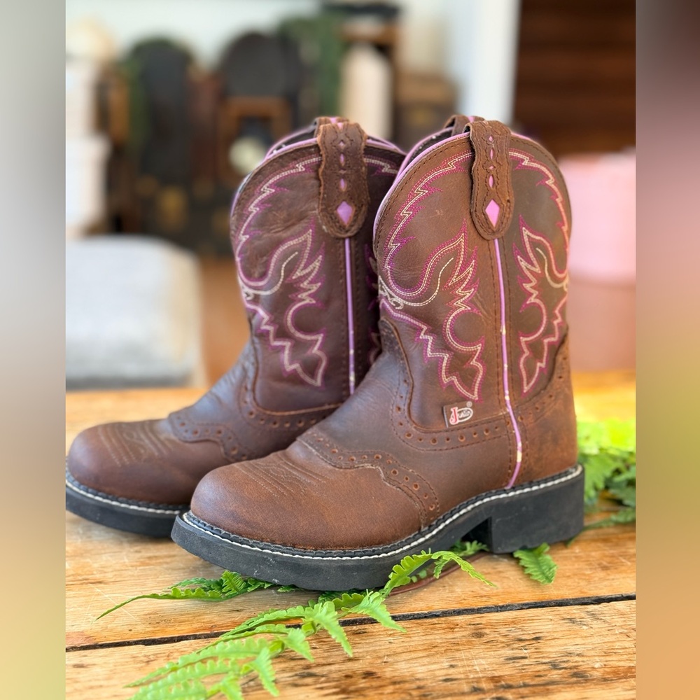 Justin Gypsy Kids Brown and Pink/Purple Cowgirl Boots